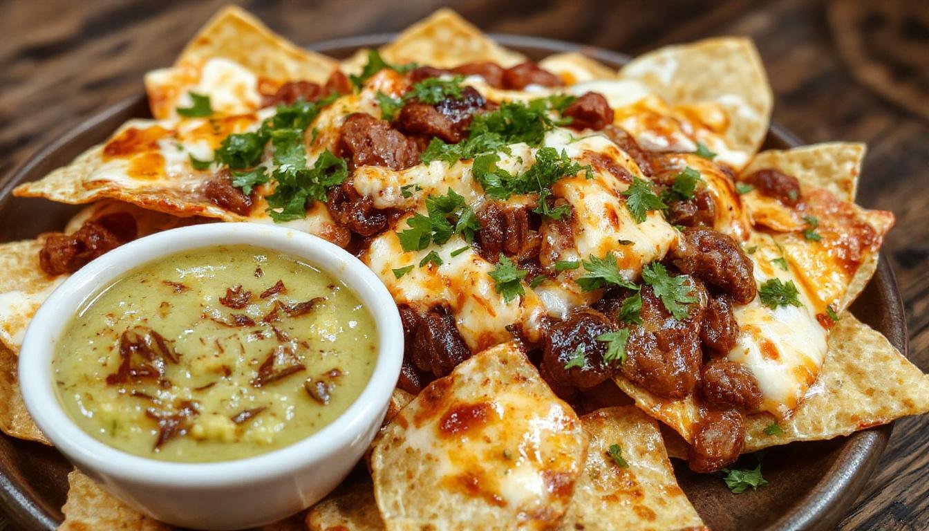 Plato de nachos dorados cubiertos con una suave capa de queso derretido, acompañado de guacamole verde brillante y trozos de chili con carne en un recipiente rústico, decorado con jalapeños y cilantro fresco, presentado en una mesa de madera con un ambiente cálido y acogedor.