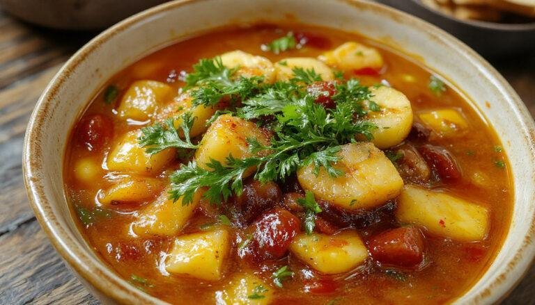 Plato de olla gitana murciana en un plato hondo, mostrando una mezcla colorida de legumbres y verduras, con un caldo denso y apetitoso, decorado con perejil fresco y servido sobre un paño de lino rústico.