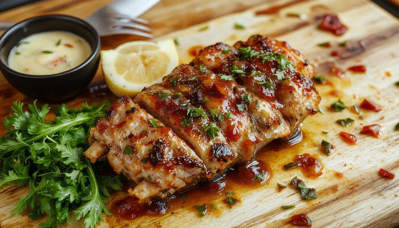 Oreja de cerdo a la plancha presentada en un plato blanco, glaseada y dorada, acompañada de salsa brava roja y crujiente, decorada con perejil fresco y rodajas de limón, estilizada y apetitosa.