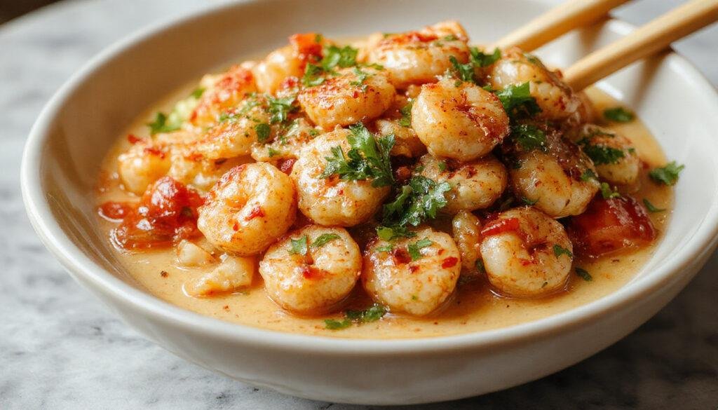 Plato de Pad Thai de gambas en un plato blanco, con fideos de arroz dorados, gambas jugosas, huevo revuelto y brotes de soja, decorado con cebolleta y cacahuetes triturados, presentación atractiva y colorida.