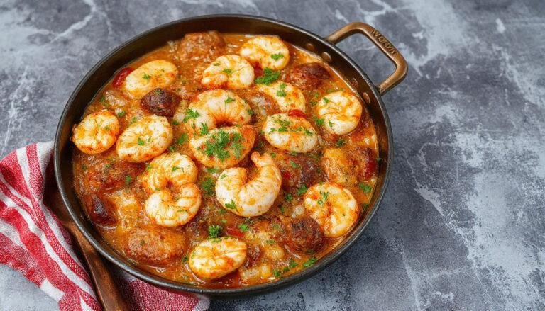 Paella de marisco en una paella grande y hondo, con arroz dorado y húmedo, cargada de mariscos como camarones, mejillones y calamares, decorada con perejil fresco, servida en una mesa rústica con fondo de madera.