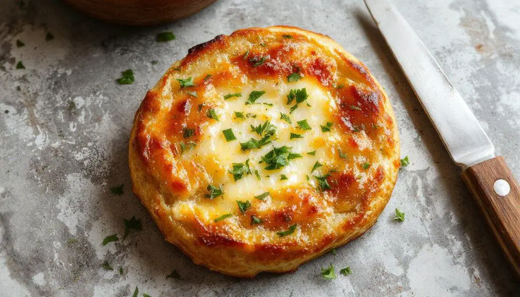 Imagen de un pan de ajo casero dorado y crujiente, cortado en rebanadas y presentado en un plato blanco. Sobre el pan, se puede apreciar queso fundido derretido y burbujeante, con un toque de ajo finamente picado. El fondo es neutro, resaltando la textura del pan y la cremosidad del queso.