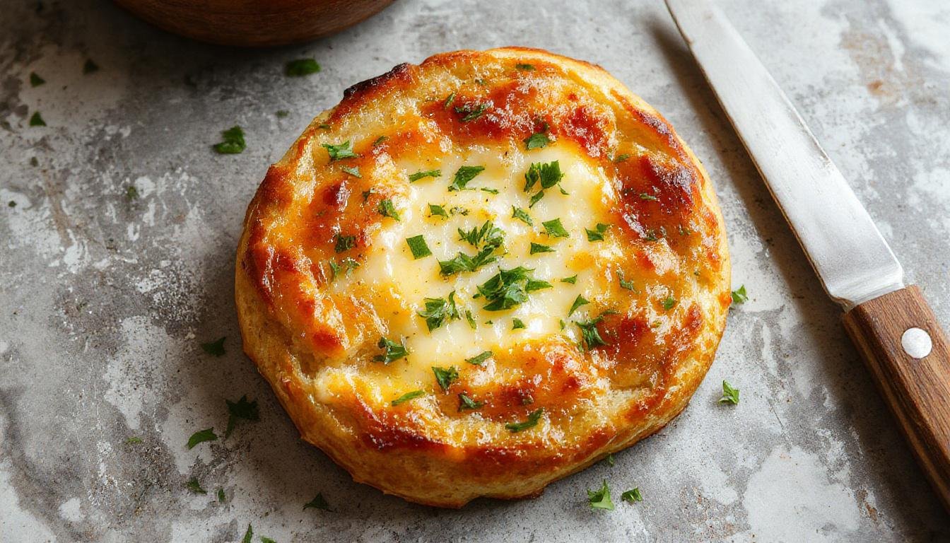 Imagen de un pan de ajo casero dorado y crujiente, cortado en rebanadas y presentado en un plato blanco. Sobre el pan, se puede apreciar queso fundido derretido y burbujeante, con un toque de ajo finamente picado. El fondo es neutro, resaltando la textura del pan y la cremosidad del queso.
