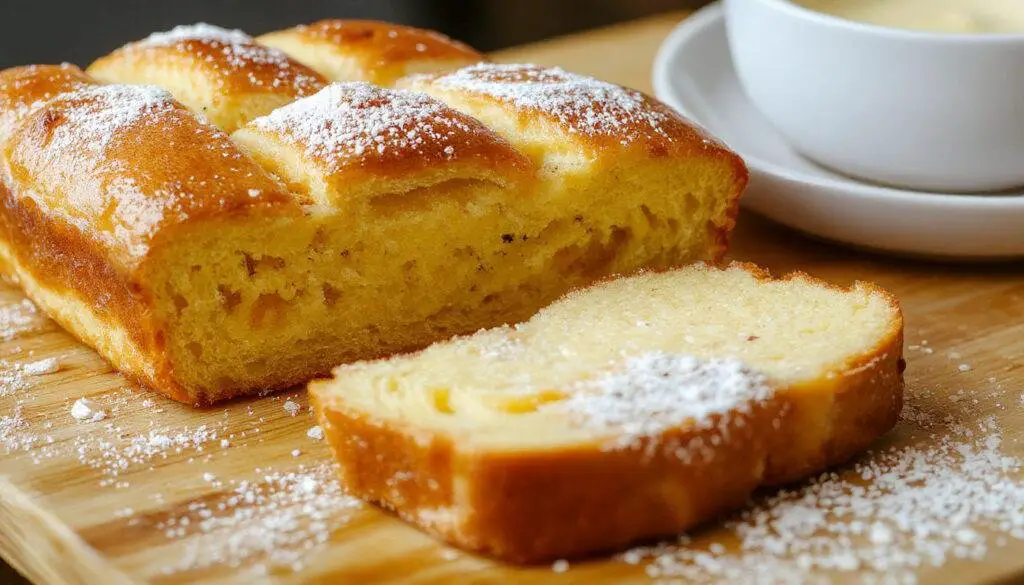 Un plato de pan de calatrava en un molde rectangular, con una textura cremosa y dorada en la parte superior. El postre se presenta en rebanadas, mostrando capas suaves y humedas, decorado con un toque de azúcar glas y algunas guindas rojas.