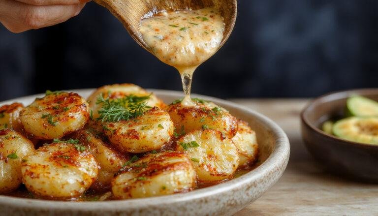 Plato de papas arrugadas con mojo picón servido en un plato tradicional canario, las papas pequeñas con piel arrugada cubiertas con una salsa roja vibrante y picante, decoradas con perejil fresco, en un fondo rústico con ingredientes típicos de Canarias.