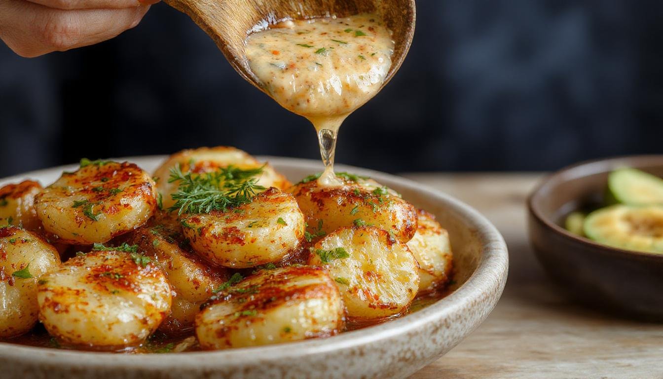 Plato de papas arrugadas con mojo picón servido en un plato tradicional canario, las papas pequeñas con piel arrugada cubiertas con una salsa roja vibrante y picante, decoradas con perejil fresco, en un fondo rústico con ingredientes típicos de Canarias.