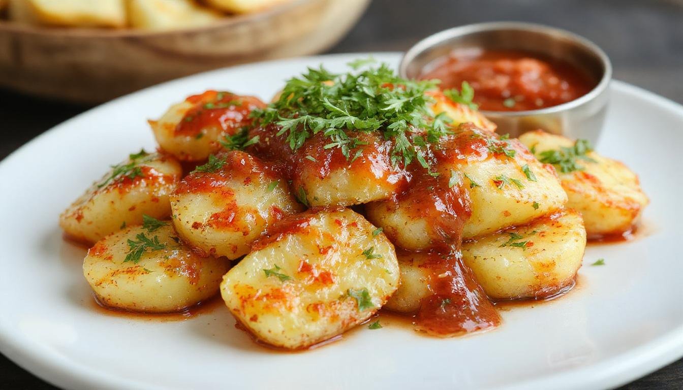 Plato de patatas bravas doradas y crujientes, cortadas en dados y cubiertas con salsa brava roja y brillante, decoradas con perejil fresco y servido en una bandeja de tapas tradicional.