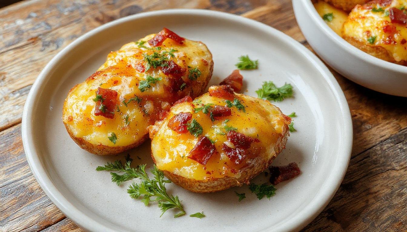 Imagen de patatas rellenas de bacon y queso cheddar, presentadas en un plato ovalado blanco. Las patatas tienen una superficie dorada y crujiente, con queso fundido y trozos de bacon en su interior, visible en corte lateral. El plato está decorado con ramitas de perejil y rodeado de algunos trozos de bacon crujiente. La escena se muestra sobre una mesa rústica de madera, evocando una comida reconfortante y casera.