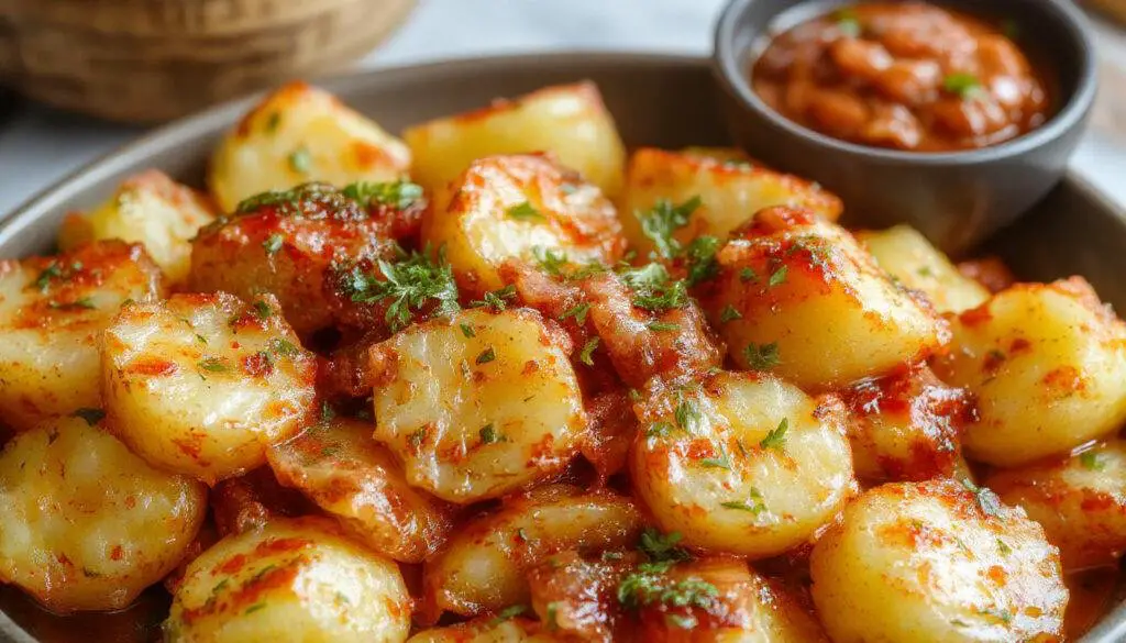 Plato de patatas a la importancia en una fuente blanca, presentadas en forma de cilindros rebozados dorados con una salsa oscura y espesa alrededor, cebolla y hierbas frescas decoran el plato.