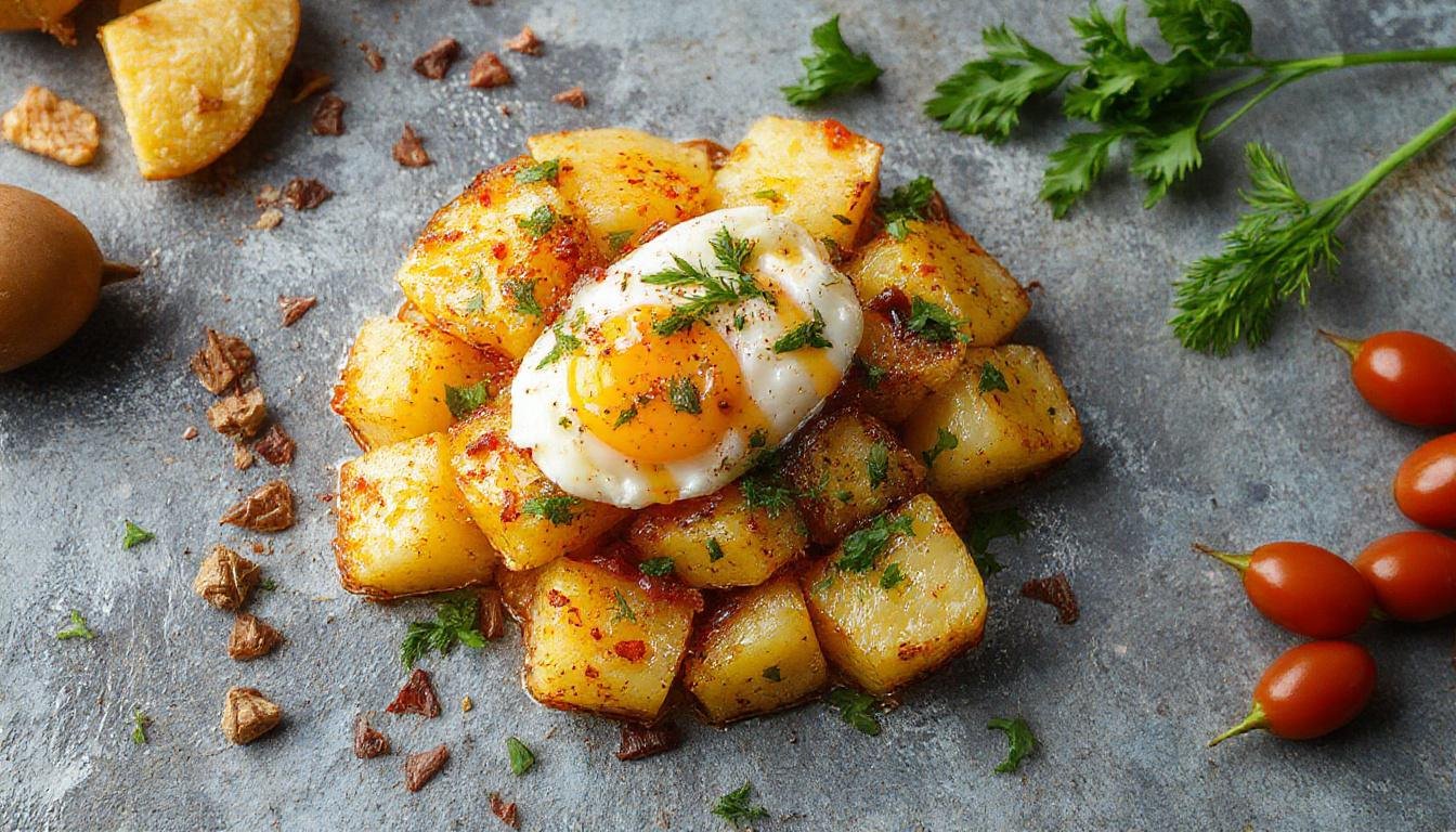 Plato de patatas a lo pobre acompañadas de pimientos y un huevo frito en el centro, presentado en un plato rústico de cerámica, con ingredientes vibrantes y texturas variadas, resaltando los colores dorados, rojos y el brillo del huevo frito.