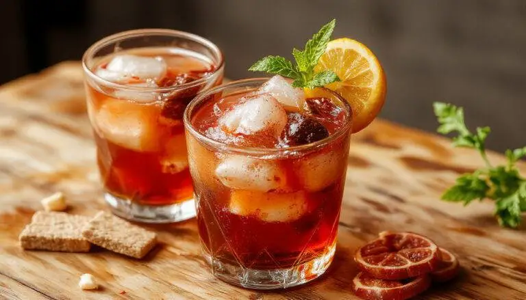 Una copa decorada con peras al vino tinto, canela en rama y anís estrellado, presentadas en un plato elegante con un fondo suave y cálido.