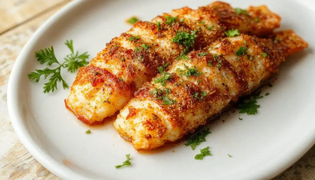 Plato de pescaditos fritos dorados y crujientes sobre un plato blanco, acompañados de limón y perejil, con fondo de mesa rústica española