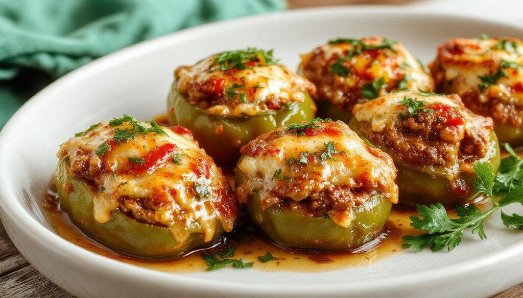 Pimientos rojos y verdes cortados por la mitad, rellenos con arroz y carne molida, presentados en un plato blanco sobre una mesa de madera, con un toque de hierbas frescas y salsa en el fondo.