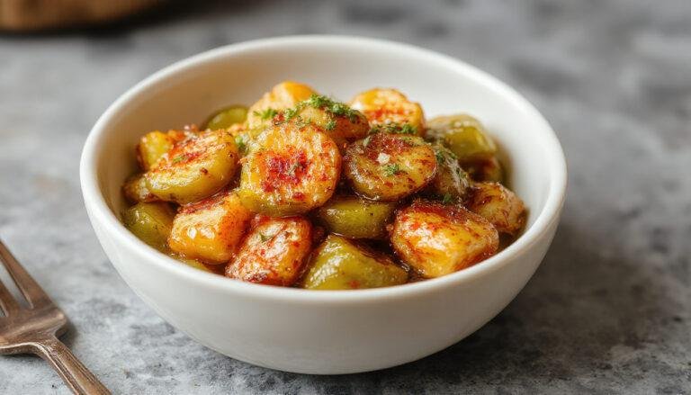 Un plato de pimientos de padrón fritos en un plato blanco, algunos con un ligero charco de aceite, con un fondo rústico y utensilios de cocina tradicionales.