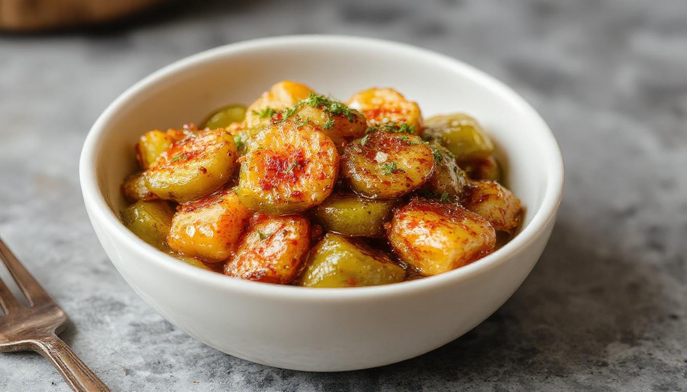 Un plato de pimientos de padrón fritos en un plato blanco, algunos con un ligero charco de aceite, con un fondo rústico y utensilios de cocina tradicionales.
