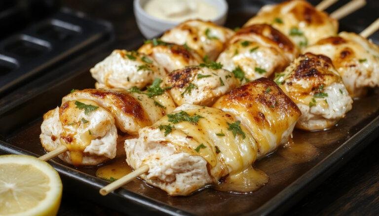 Pinchos morunos de pollo adobado a la plancha con un color dorado y marcas de la parrilla, presentado en una bandeja de madera con guarniciones frescas y pimientos rojos asados.