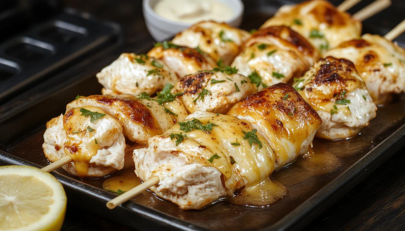 Pinchos morunos de pollo adobado a la plancha con un color dorado y marcas de la parrilla, presentado en una bandeja de madera con guarniciones frescas y pimientos rojos asados.
