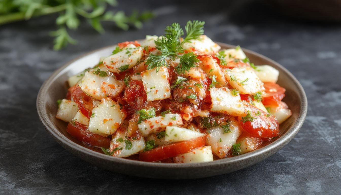 Plato de pipirrana de Jaén en un plato hondo, con trozos de tomate rojo, pimientos verdes y rojos, y cebolla blanca, todo bien mezclado y adornado con perejil fresco. La presentación es colorida y fresca, ideal para una ensalada de verano.