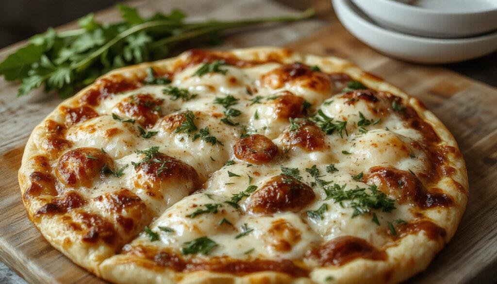 Una pizza casera con una masa fina y crujiente, cubierta con tomate, queso fundido, pepperoni y verduras coloridas, presentada en un plato blanco sobre una mesa de madera.