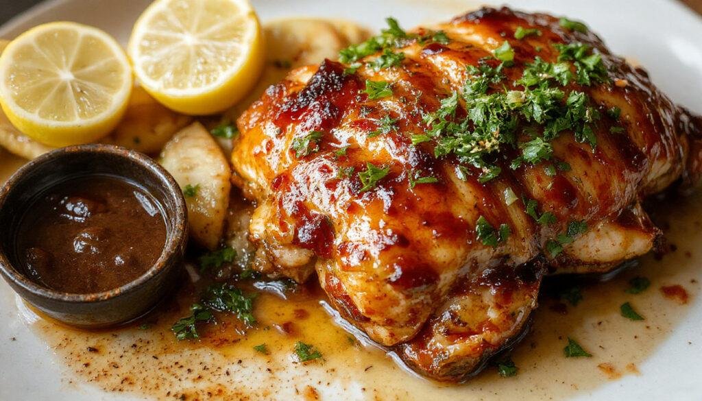 Plato de pollo asado dorado con piel crujiente, adornado con ramas de romero fresco y rodajas de limón en un plato blanco sobre una mesa de madera, acompañado de verduras asadas y glaseadas.