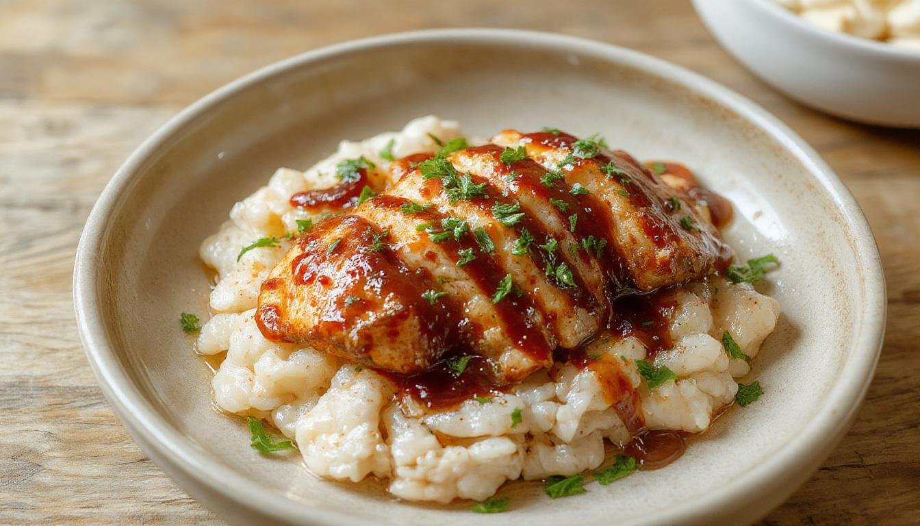 Plato de pollo teriyaki con arroz blanco, presentado en un plato rectangular, con salsa brillante y glaseada sobre el pollo. El arroz está en un lado, es blanco y esponjoso, acompañado de trozos de pollo dorados y caramelizados con un toque de semillas de sésamo y cebollín picado en la cima. Todo en un fondo simple y elegante.