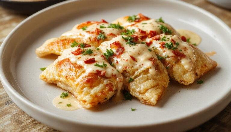 Plato presentado en un plato blanco con pechugas de pollo empanadas y doradas, cubiertas con una cremosa salsa bechamel, adornadas con perejil fresco. El fondo muestra un ambiente elegante y limpio que realza la textura crujiente del empanado y la suavidad de la salsa.