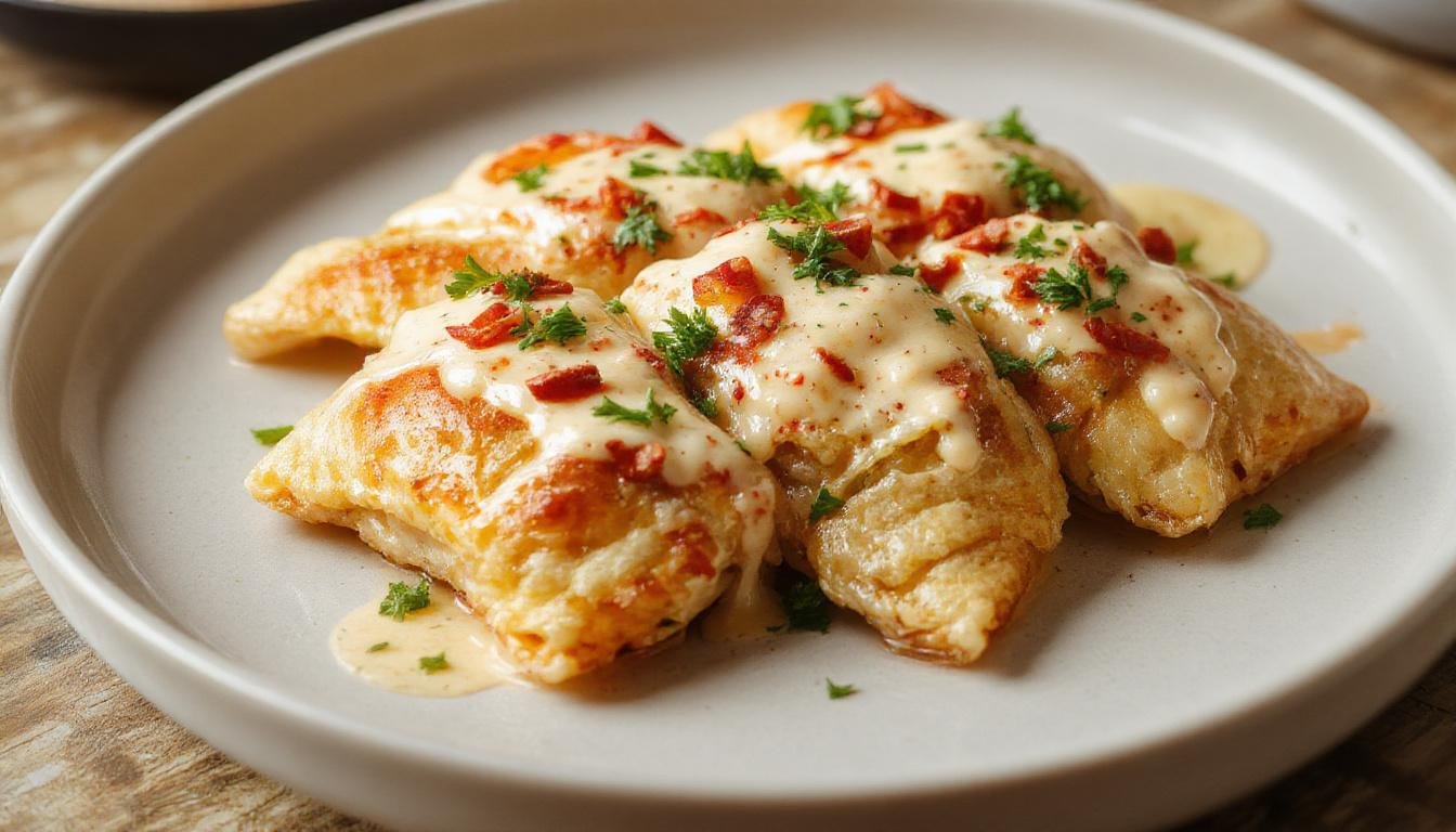 Plato presentado en un plato blanco con pechugas de pollo empanadas y doradas, cubiertas con una cremosa salsa bechamel, adornadas con perejil fresco. El fondo muestra un ambiente elegante y limpio que realza la textura crujiente del empanado y la suavidad de la salsa.
