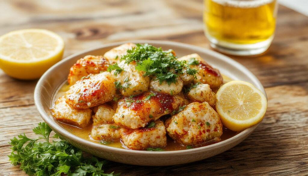 Plato de pollo a la cerveza servido en un plato blanco, con trozos de pollo dorados y jugosos cubiertos en una salsa espesa y brillante, acompañado de cebolla y especias visibles, decorado con ramitas de perejil fresco, en un fondo rústico que resalta su aspecto casero y apetitoso.