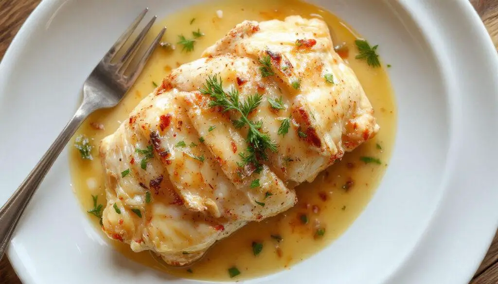 Plato de pollo a la Pantoja presentado en un plato blanco, con trozos dorados y jugosos, decorados con rodajas de limón y hierbas frescas, acompañados de ajo picado finamente y un toque de hierbas aromáticas encima