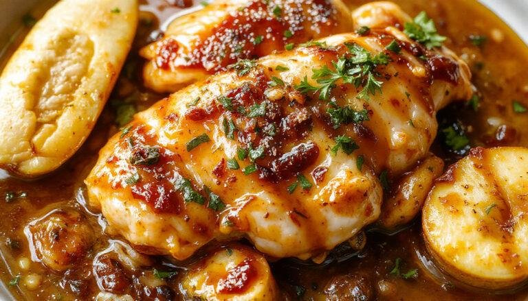 Plato de pollo al ajillo dorado y crujiente en un plato blanco, con ajo picado y perejil como guarnición, presentado sobre una mesa de madera con un toque rústico. El pollo tiene una textura crujiente y un color dorado apetitoso, resaltando su preparación tradicional española.