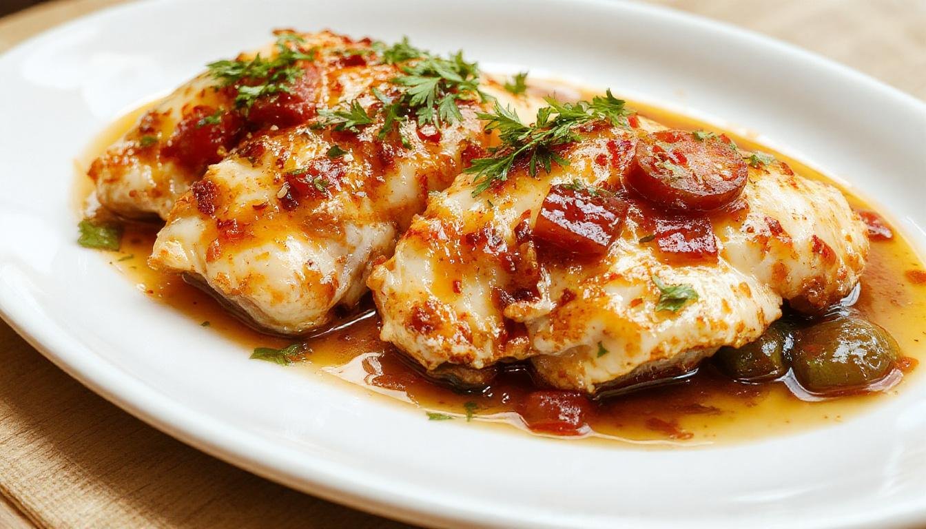 Plato de pollo al chilindrón en un bol, con trozos de pollo dorados en una salsa roja vibrante de pimientos y tomates, acompañado de vegetales y especias