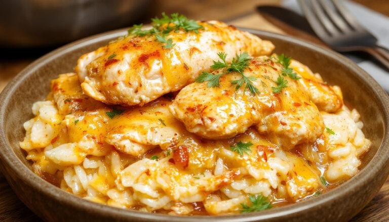 Plato de pollo al curry cremoso en un cuenco blanco, acompañado de arroz basmati esponjoso y aromático, con un toque de cilantro fresco sobre la superficie, presentado sobre una mesa de madera rústica con utensilios tradicionales.