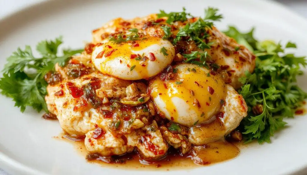 Plato de pollo en pepitoria en un plato rectangular blanco, cubierto con una salsa espesa y cremosa de color marrón claro, adornado con almendras tostadas y un huevo duro cortado en cuartos en la esquina, todo presentado en un entorno rústico con fondo de madera y hierbas frescas al lado.