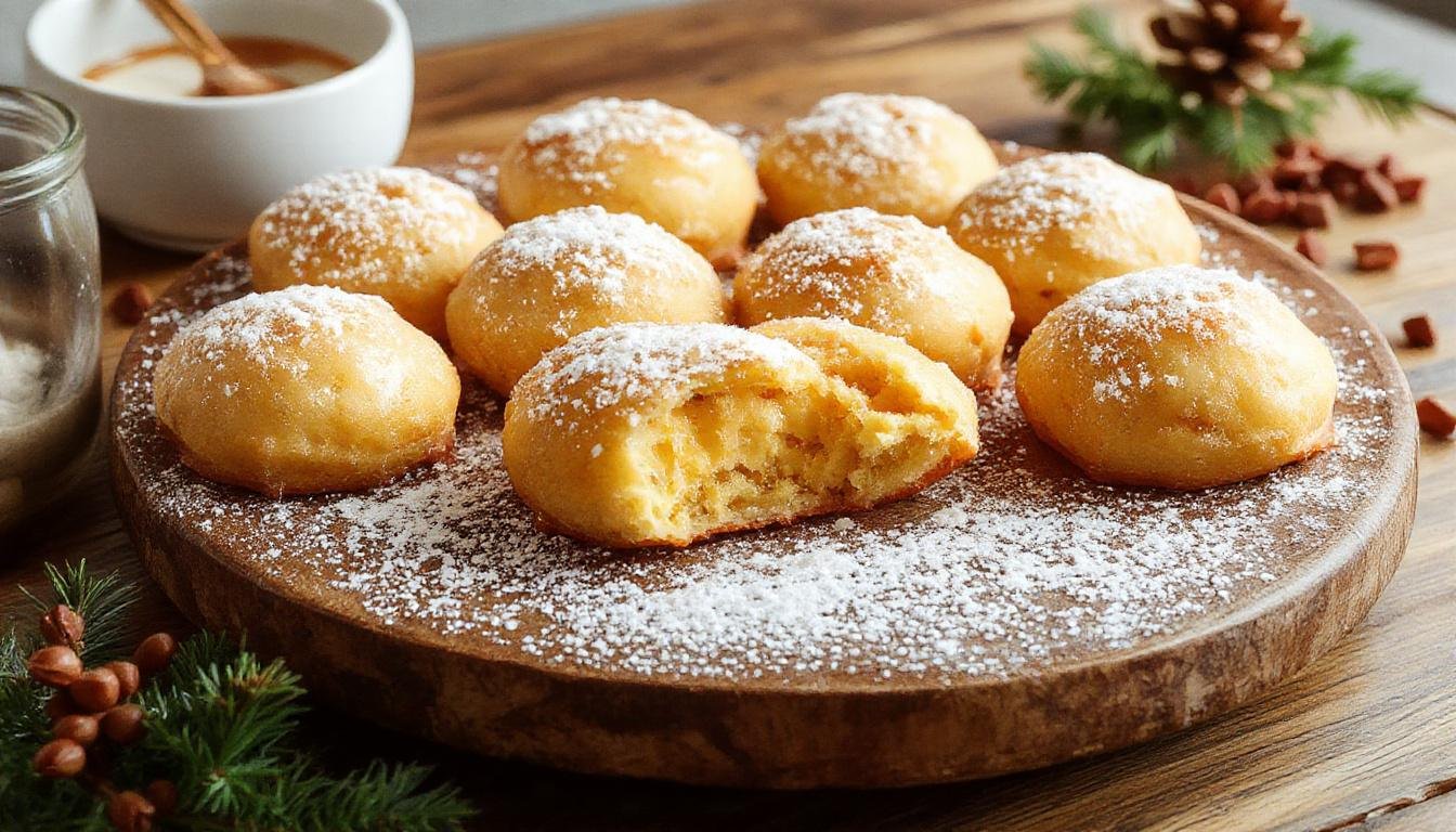 Polvorones caseros de almendra en un plato blanco, con textura suave y polvo de azúcar espolvoreado en la superficie, rodeados de ingredientes como almendras picadas y un fondo festivo con decoraciones navideñas.