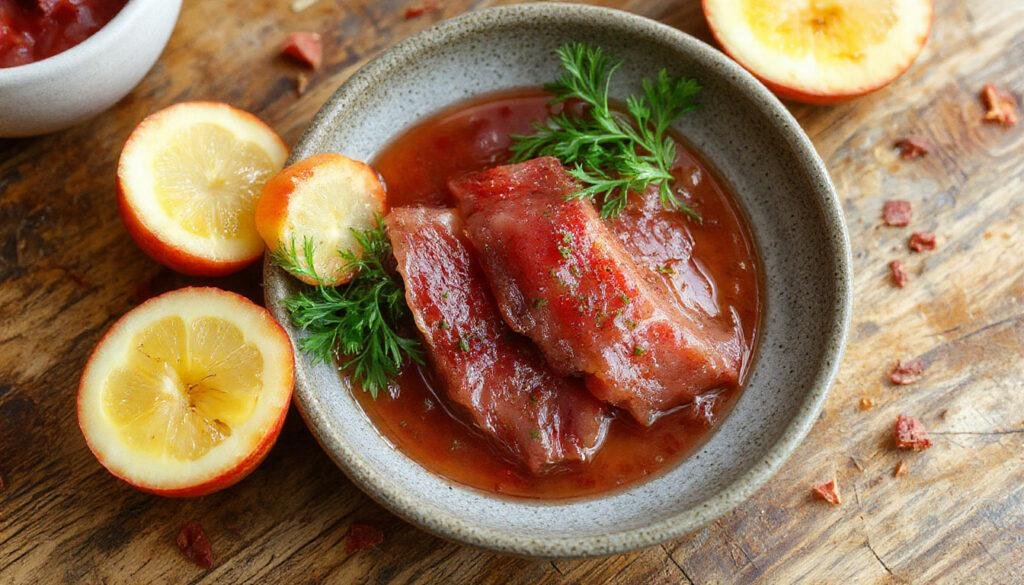 Un cuenco blanco lleno de porra antequerana con una textura espesa y cremosa, decorado con un chorrito de aceite de oliva y trozos de tomate y huevo duro, presentado sobre una mesa de madera con un fondo desenfocado que resalta su color rosado claro y su apariencia apetecible.