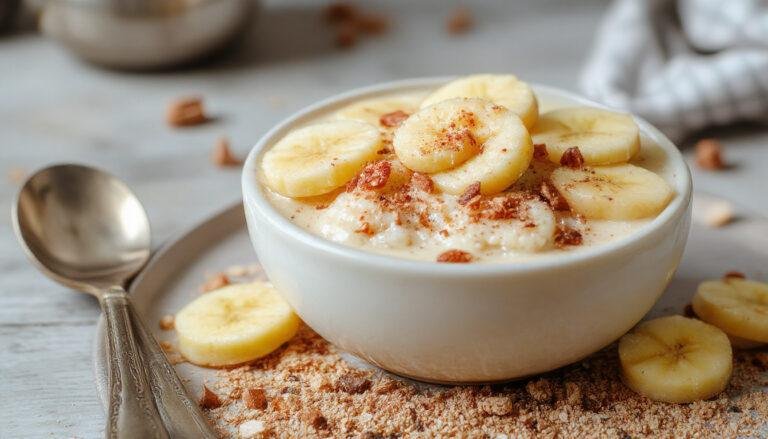 Un tazón hondo de porridge de avena caliente, cubierto con rodajas de manzana fresca, canela en polvo espolvoreada por encima y un toque de miel. La textura cremosa de la avena se combina con la suavidad de las manzanas y el calor acogedor de la canela, presentándose en un plato rústico sobre una mesa de madera, con un fondo blurry que evoca un desayuno reconfortante.