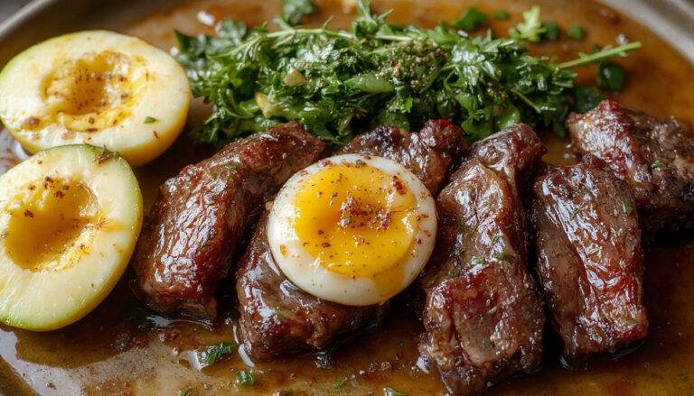 Plato de puerros en vinagreta presentado en un plato blanco, con puerros cortados en trozos pequeños y mezclados con una vinagreta de color dorado y brillo, decorados con rodajas de huevo duro y perejil fresco, creando un contraste visual entre los tonos verdes, blancos y amarillos.
