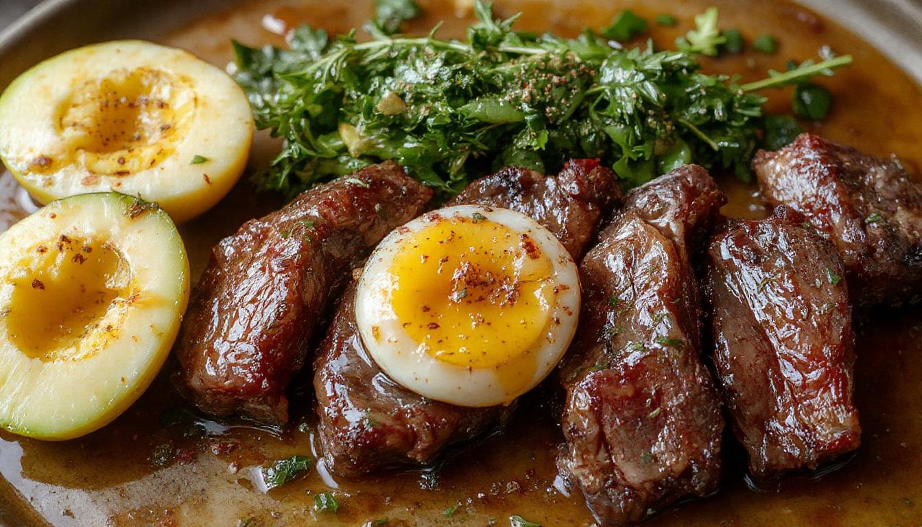 Plato de puerros en vinagreta presentado en un plato blanco, con puerros cortados en trozos pequeños y mezclados con una vinagreta de color dorado y brillo, decorados con rodajas de huevo duro y perejil fresco, creando un contraste visual entre los tonos verdes, blancos y amarillos.