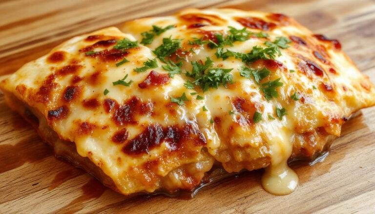 Quesadilla de pollo y queso fundido en un plato blanco, cortada en cuartos, mostrando el queso derretido y el pollo jugoso, acompañada de cilantro fresco y salsa roja, con una textura crujiente y dorada en el exterior
