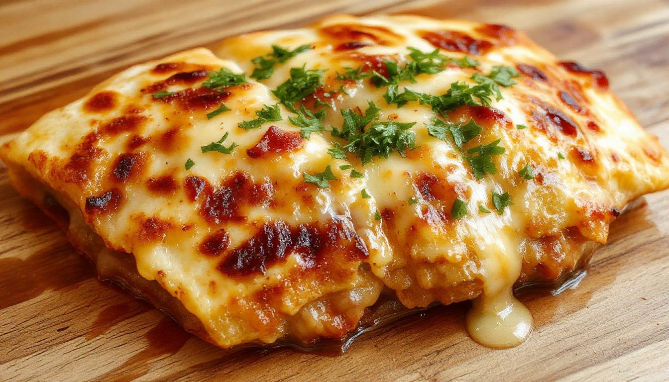 Quesadilla de pollo y queso fundido en un plato blanco, cortada en cuartos, mostrando el queso derretido y el pollo jugoso, acompañada de cilantro fresco y salsa roja, con una textura crujiente y dorada en el exterior