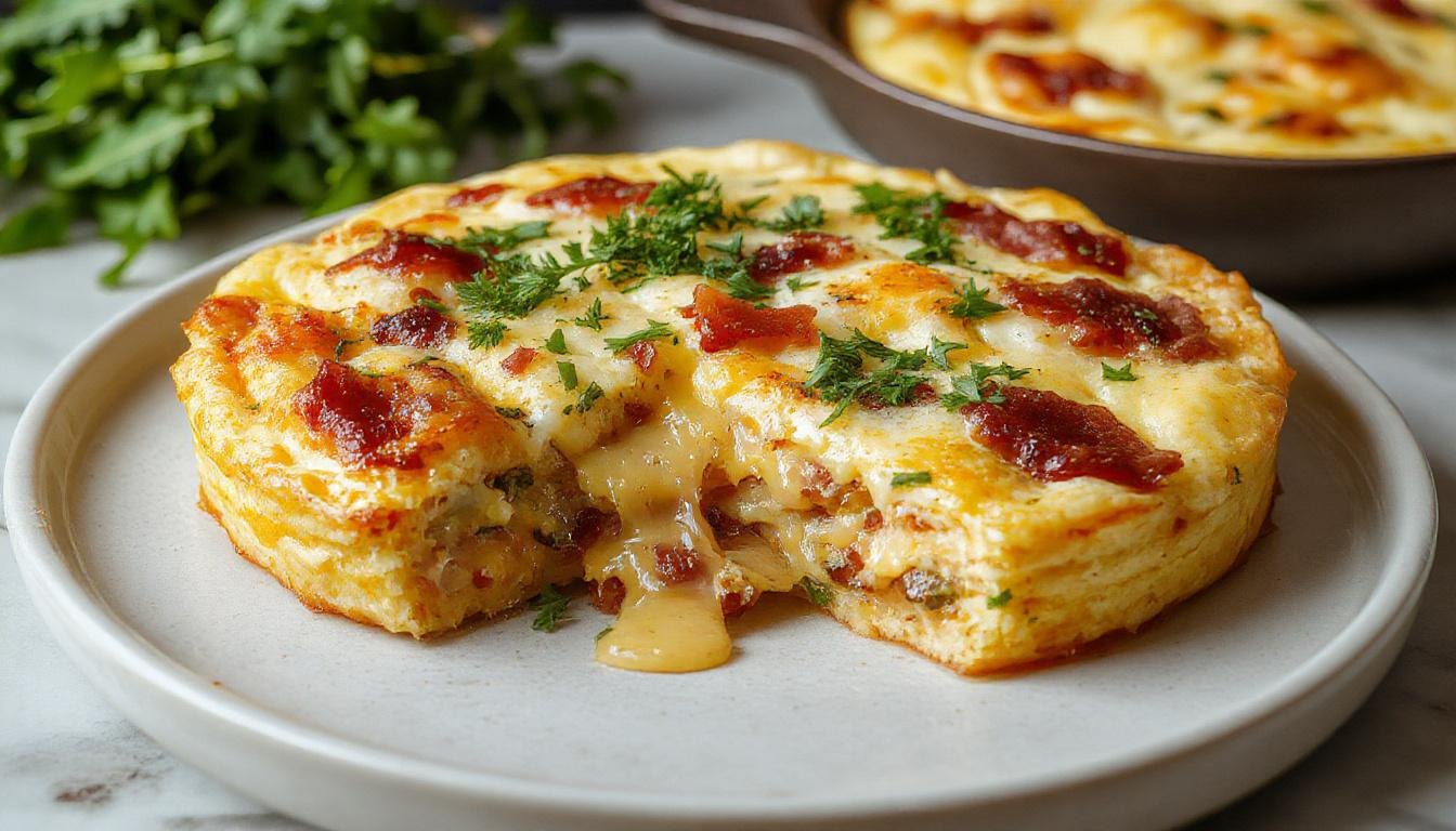 Quiche Lorraine clásica en plato rectangular, con corte que revela su relleno cremoso con pedazos de bacon dorado y queso fundido, cubierta con una corteza dorada y crujiente, presentada sobre un fondo rústico.