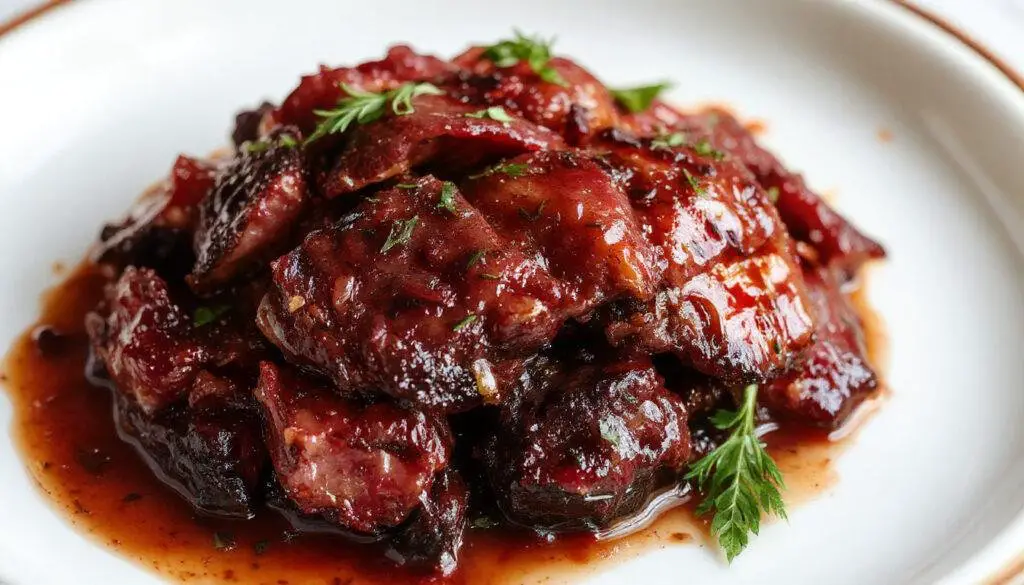 Plato de rabo de toro estofado al vino tinto en un plato hondo con trozos de carne tierna y huesos visibles, acompañado de verduras y una salsa espesa. La presentación es rústica y elegante, con un fondo de madera que resalta los tonos oscuros y rojizos del guiso.