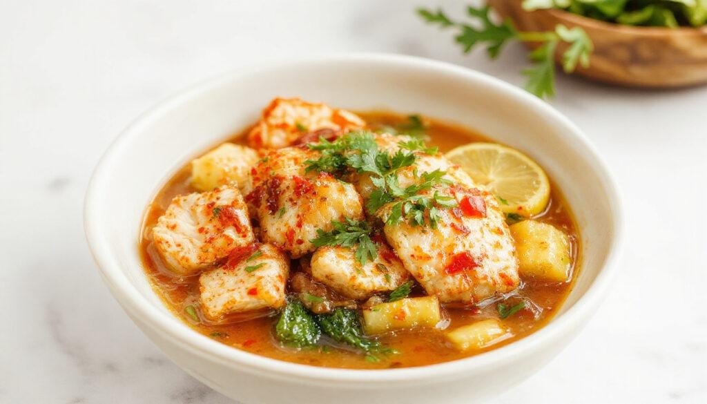 Tazón de ramen fácil de pollo y verduras con fideos gruesos, caldo dorado, trozos de pollo, zanahorias y cebollino en un plato Asian elegante
