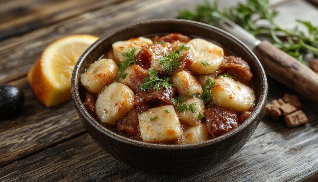 Revuelto de champiñones y jamón en un plato blanco, con huevos revueltos dorados, champiñones laminados y trozos de jamón serrano, presentado en un estilo rústico inspirado en la cocina española.