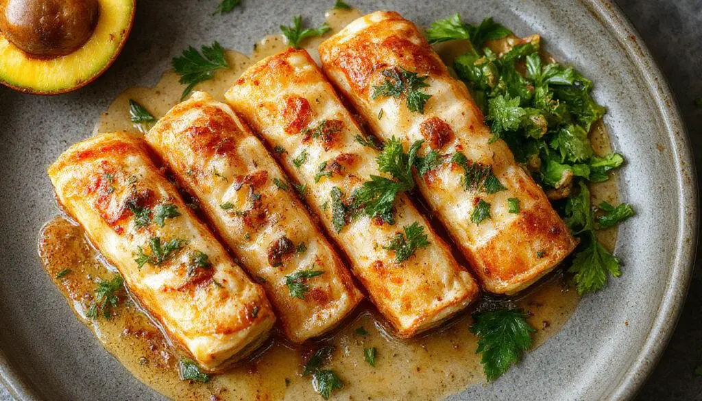Imagen de rollitos de primavera caseros y crujientes dorados en un plato blanco, con un fondo de salsa de soja y verduras frescas decorativas, resaltando su textura crujiente y color dorado.