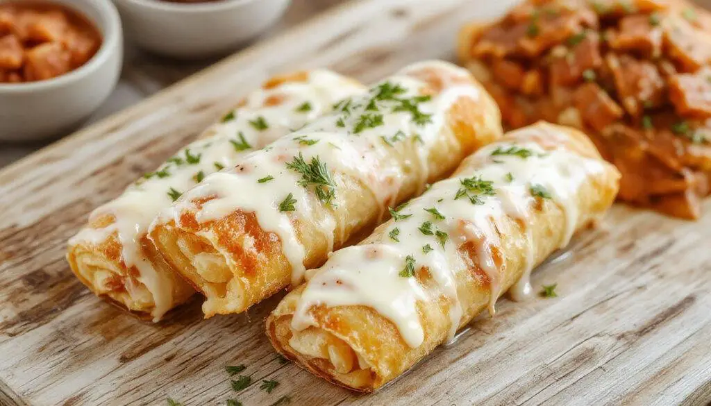 Rodajas de salmón ahumado enrolladas alrededor de un relleno cremoso de queso, presentadas en un plato blanco decorado con eneldo fresco y rodajas de limón, con una textura suave y brillante que resalta su elegancia.