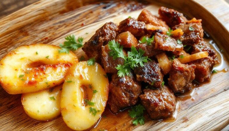 Plato de Ropa Vieja Canaria en un plato hondo, con carne deshilachada en tonos marrón, acompañado de pimientos rojos y verdes, y perejil picado. La presentación es colorida y apetitosa, con un toque rústico y tradicional, resaltando la textura suave de la carne y la vibrante variedad de ingredientes frescos.