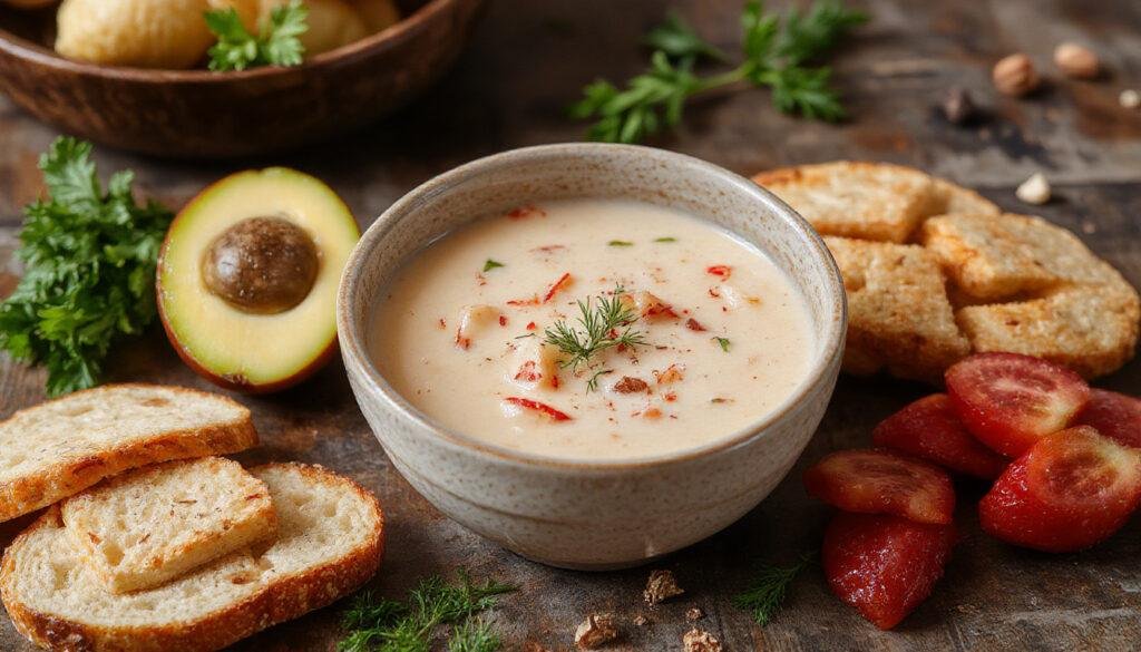 Un plato de salmorejo cordobés en un cuenco blanco con textura cremosa y color rojo intenso, decorado con huevos de codorniz picados y jamón ibérico en la parte superior, acompañado de un chorrito de aceite de oliva. La presentación es sencilla pero apetitosa, destacando su consistencia aterciopelada y el contraste de colores.