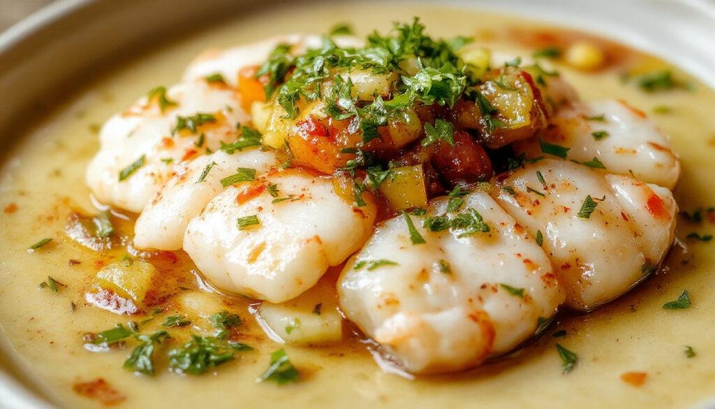 Un colorido plato de salpicón de marisco en un bol grande, con trozos de mariscos variados como camarones, calamares y mejillones, mezclados con verduras y adornado con hierbas frescas, presentado en una mesa de madera clara con una apariencia fresca y apetitosa.