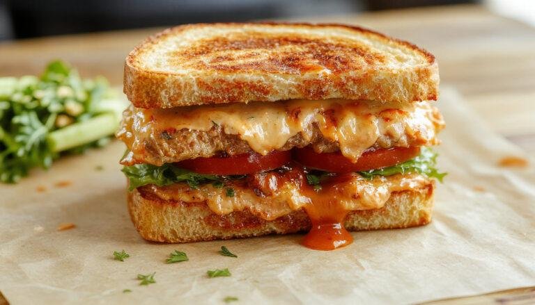 Un sándwich club de tres pisos con pan tostado, capas visibles de lechuga, tomate, tocino, pollo y queso, acompañado de palillos y una guarnición de papas fritas en un plato de cerámica blanco.